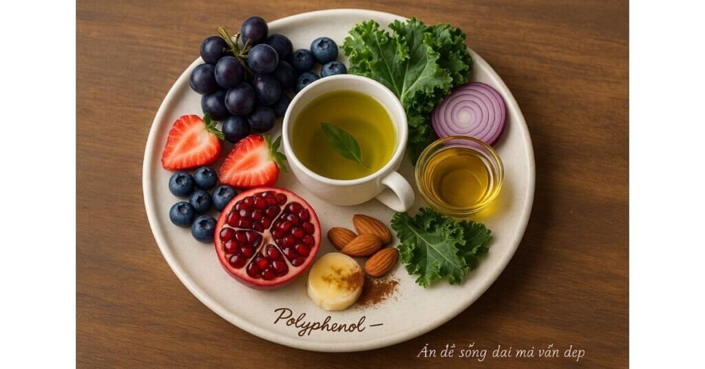 Đĩa thực phẩm giàu polyphenol gồm nho tím, việt quất, dâu tây, cải xoăn, hành tím, hạt, dầu ô liu và trà xanh dưới ánh sáng tự nhiên.