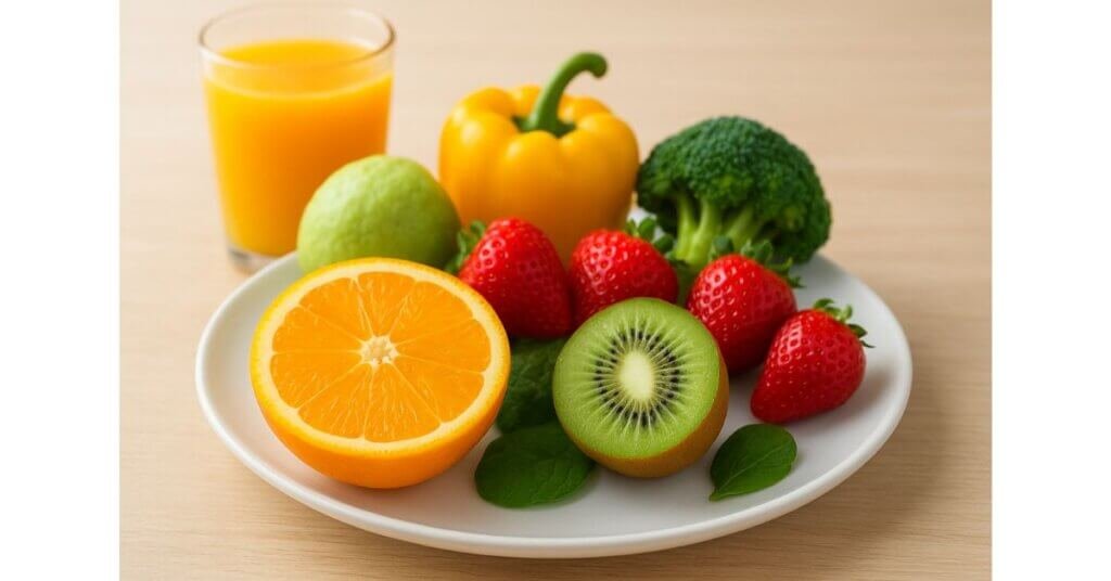 Thực phẩm giàu Vitamin C gồm cam, kiwi, dâu tây, ớt chuông đỏ và súp lơ xanh tươi giúp tăng cường miễn dịch, chống lão hóa.