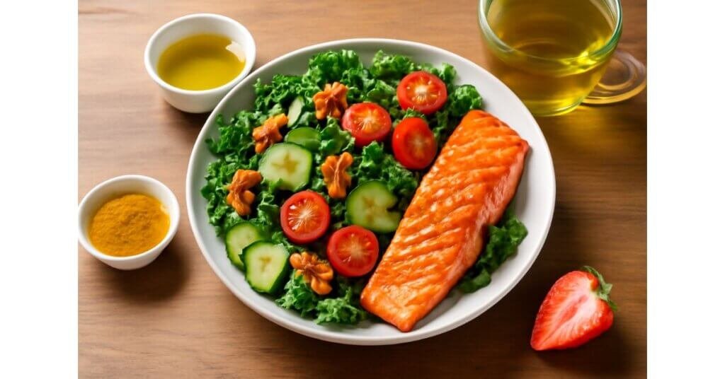 Một đĩa salad tươi với cá hồi nướng, hạt óc chó và cà chua, kèm dầu ô liu và gia vị như nghệ, giúp giảm viêm hiệu quả.