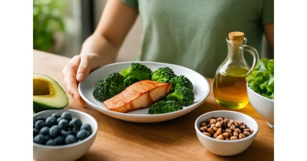 Hình ảnh một người đang cầm đĩa cá hồi nướng với bông cải xanh, việt quất, hạt chia và dầu olive, tạo thành một bữa ăn lành mạnh giúp tăng cường hệ miễn dịch.