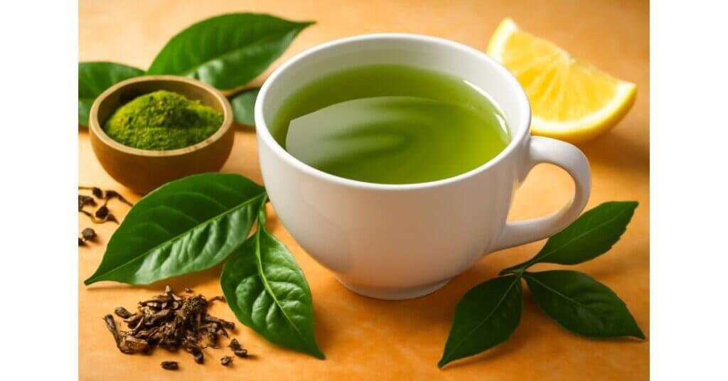 Hình ảnh tách trà xanh với lá trà tươi và matcha, nhấn mạnh lợi ích EGCG cho sức khỏe tim mạch và giảm mỡ máu.