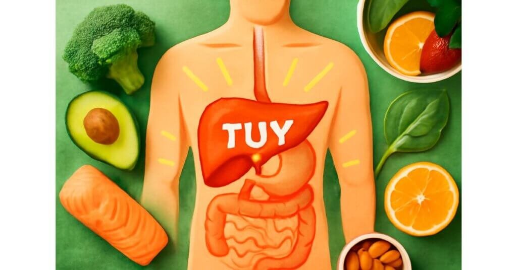 Minh họa cơ thể người với Tụy được làm nổi bật cùng các thực phẩm như cá hồi, bơ, cam và rau xanh, thể hiện sự quan trọng của Tụy đối với sức khỏe.