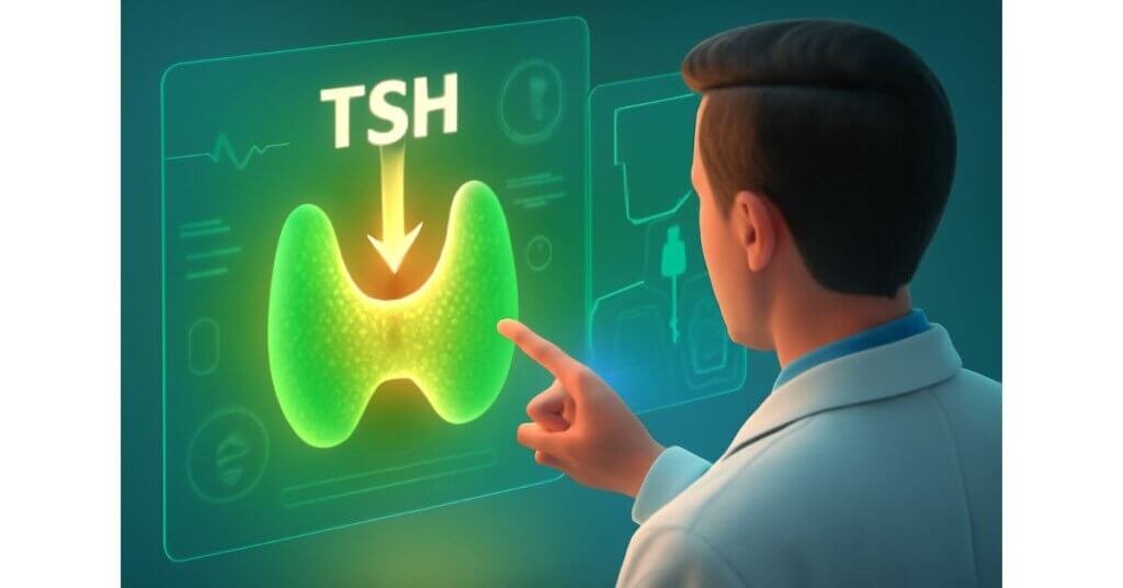 Hình ảnh 3D bác sĩ nghiên cứu mô hình tuyến giáp với TSH, biểu diễn sự kết nối giữa hormone TSH và tuyến giáp.