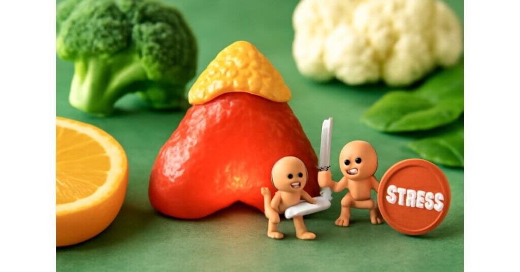 Hình ảnh minh họa tuyến thượng thận đối phó với stress, với các chiến binh nhỏ đang chiến đấu với tấm khiên "STRESS" và thực phẩm bổ sung như cam, bông cải xanh.
