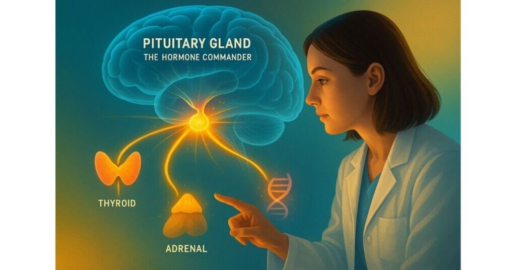 Hình minh họa tuyến yên trong não người – trung tâm điều phối hormone, tỏa tín hiệu tới tuyến giáp, thượng thận và sinh dục.