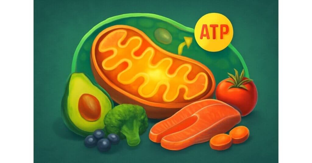 Hình ảnh minh họa ty thể tỏa sáng trong tế bào, kết hợp với các thực phẩm lành mạnh như cá hồi và bơ, hỗ trợ sản xuất ATP cho cơ thể.