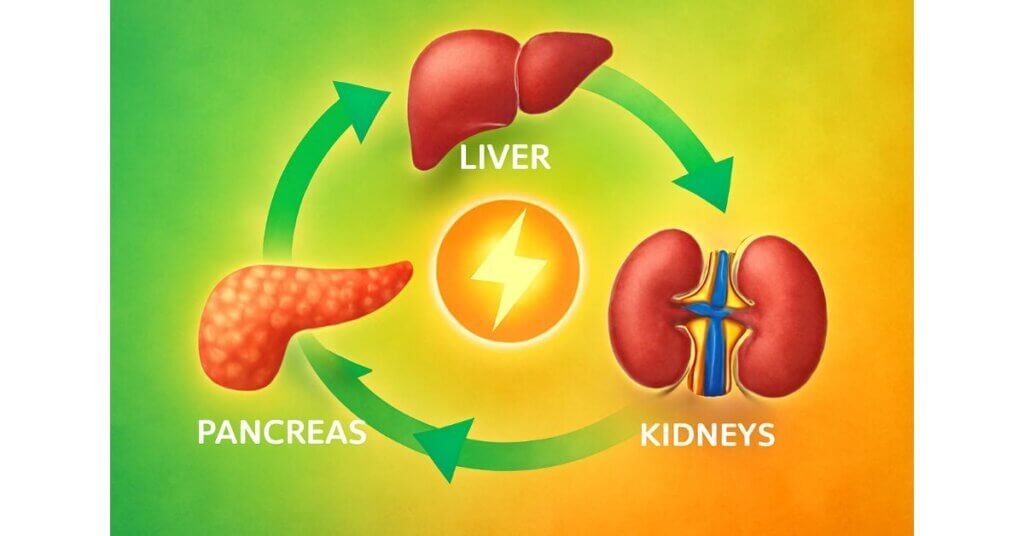 Mô phỏng vòng tuần hoàn năng lượng giữa Gan, Tụy và Thận trong cơ thể người, thể hiện quá trình chuyển hóa và duy trì năng lượng sống.