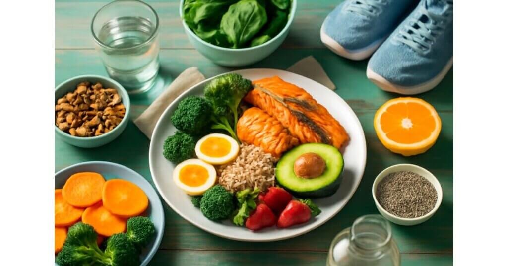 Hình ảnh bữa ăn dinh dưỡng gồm cá hồi, trứng, quinoa, rau củ và hạt, biểu tượng cho 8 nền móng sức khỏe, giúp duy trì cơ thể khỏe mạnh.”