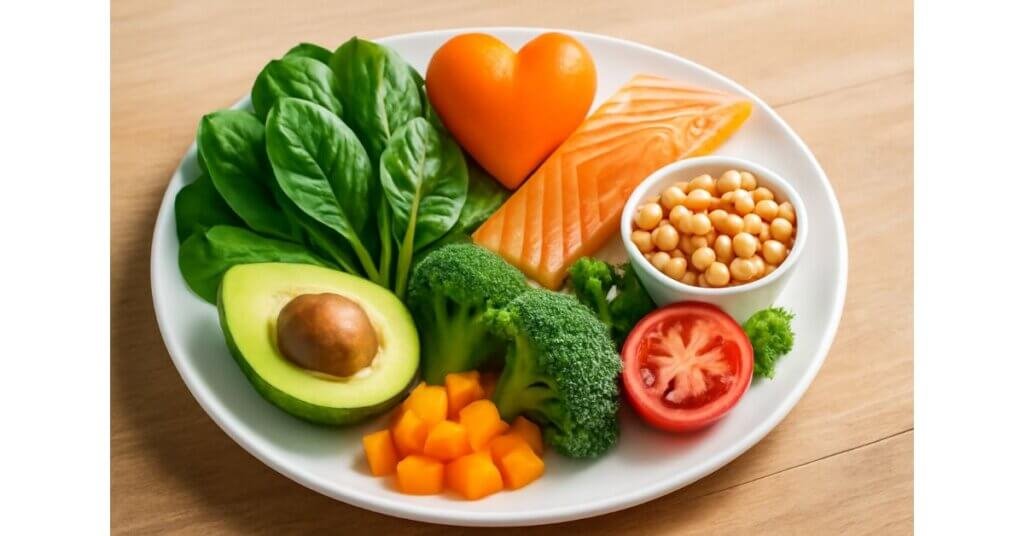 Bộ dưỡng chất hòa giải miễn dịch và chuyển hóa gồm cá hồi, nghệ, nho tím, rau xanh, trứng, và chuối xanh, tạo nên sự cân bằng sinh học trong cơ thể.