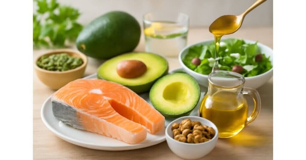 Cá hồi, bơ và dầu ô liu là nguồn cung cấp chất béo tốt, hỗ trợ sức khỏe tim mạch và bảo vệ não bộ.
