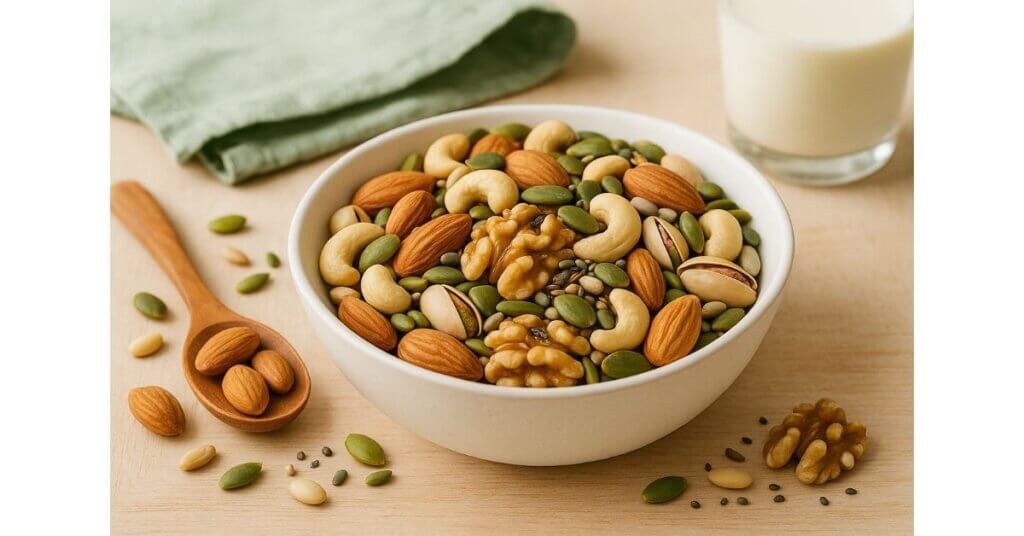 To hat dinh duong gom oc cho, hanh nhan, hat dieu, hat bi va cac loai hat khac trong bat su trang, ben canh la muong go va ly sua, duoc chup voi anh sang tu nhien.