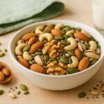 To hat dinh duong gom oc cho, hanh nhan, hat dieu, hat bi va cac loai hat khac trong bat su trang, ben canh la muong go va ly sua, duoc chup voi anh sang tu nhien.