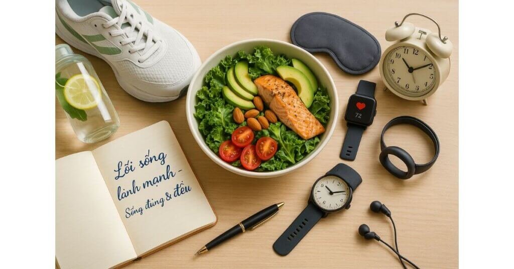 Hình minh họa lối sống lành mạnh với salad rau xanh, bình nước chanh, giày thể thao, đồng hồ và sổ tay kế hoạch sống khỏe.