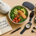 Hình minh họa lối sống lành mạnh với salad rau xanh, bình nước chanh, giày thể thao, đồng hồ và sổ tay kế hoạch sống khỏe.