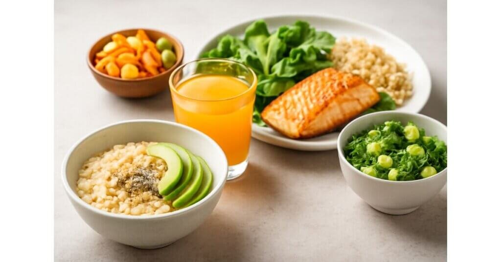 Bữa ăn dinh dưỡng bao gồm cháo yến mạch với bơ, cá hồi áp chảo và rau xanh giúp hỗ trợ tuyến Thượng thận khỏe mạnh, tăng cường sức bền và năng lượng tự nhiên.