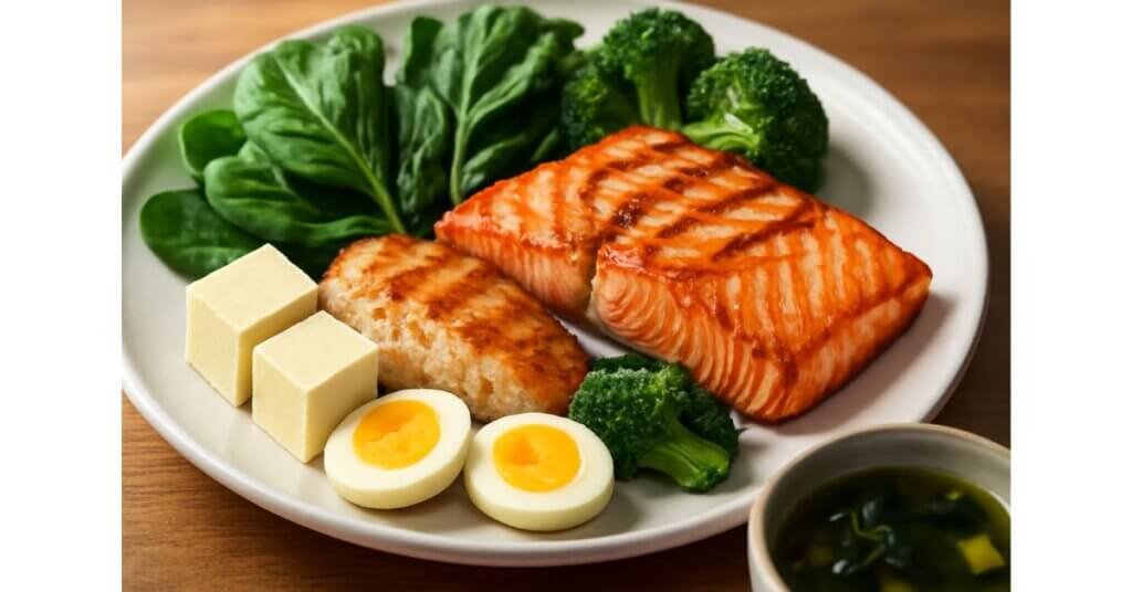 Đĩa thực phẩm chứa cá hồi nướng, ức gà, đậu hũ và trứng gà, cung cấp đạm tốt cho cơ thể khỏe mạnh và bảo vệ tim mạch.