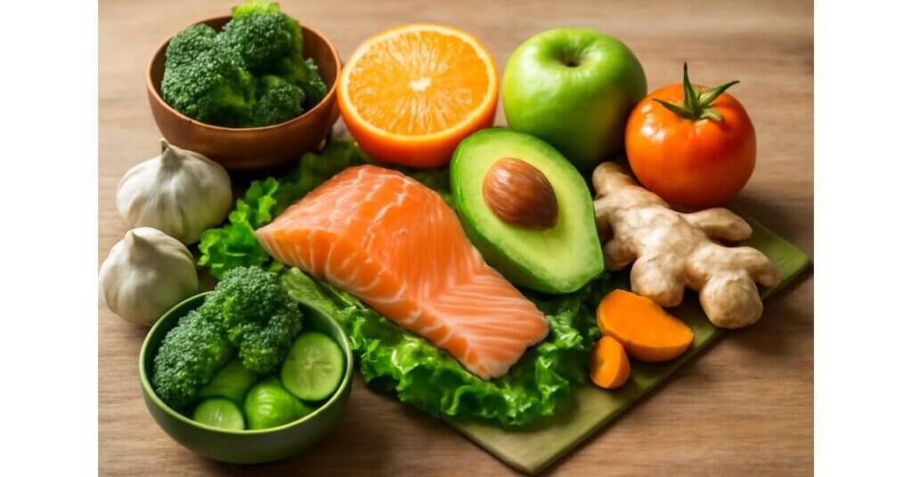 Thực phẩm tươi sống như cá hồi, tỏi, rau củ, và trái cây giúp cải thiện hệ miễn dịch và hỗ trợ quá trình chuyển hóa trong cơ thể.