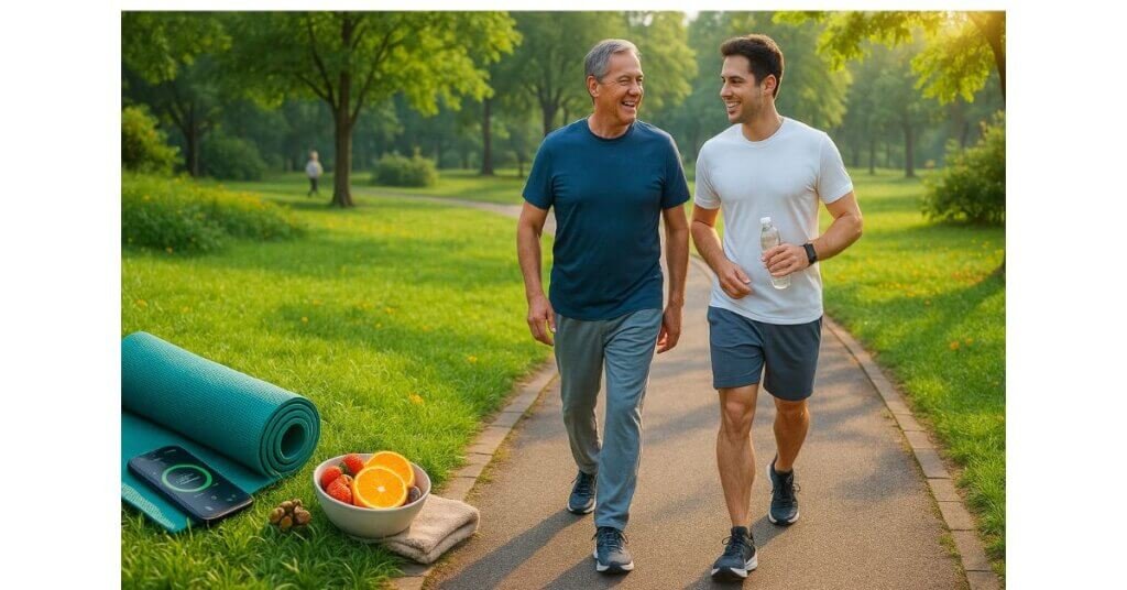 Hai cha con trung niên vận động thể chất bằng cách đi bộ nhanh trong công viên buổi sáng, bên cạnh là thảm tập yoga, trái cây tươi và điện thoại theo dõi bước chân.