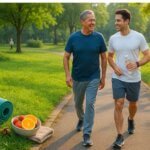 Hai cha con trung niên vận động thể chất bằng cách đi bộ nhanh trong công viên buổi sáng, bên cạnh là thảm tập yoga, trái cây tươi và điện thoại theo dõi bước chân.