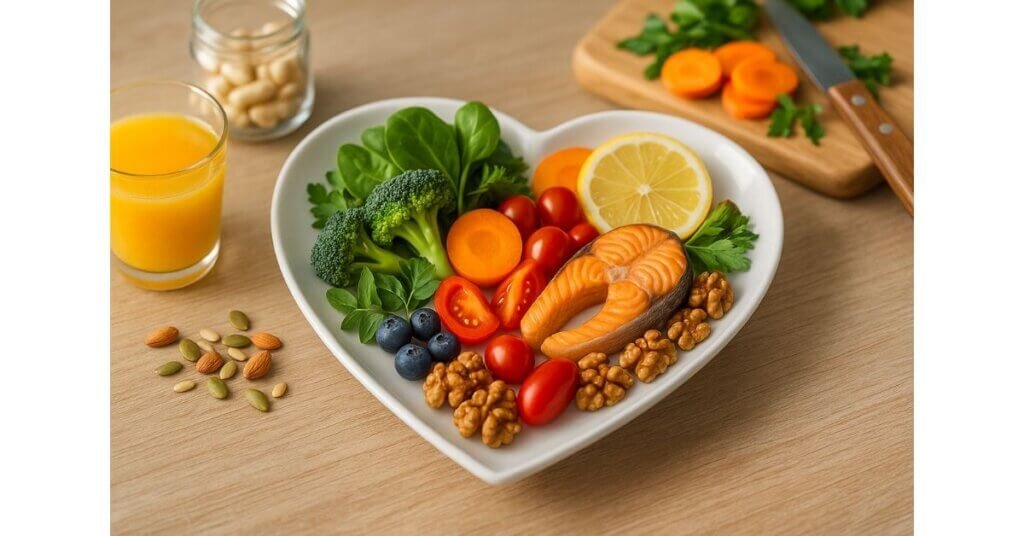 Đĩa ăn hình trái tim với rau xanh, cá hồi, trái cây và hạt – nguồn vitamin & khoáng chất tự nhiên cho sức khỏe tim mạch.